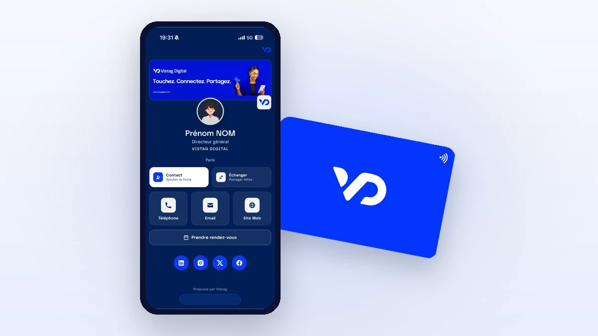 Carte de visite NFC Vistag Digital en PVC bleu