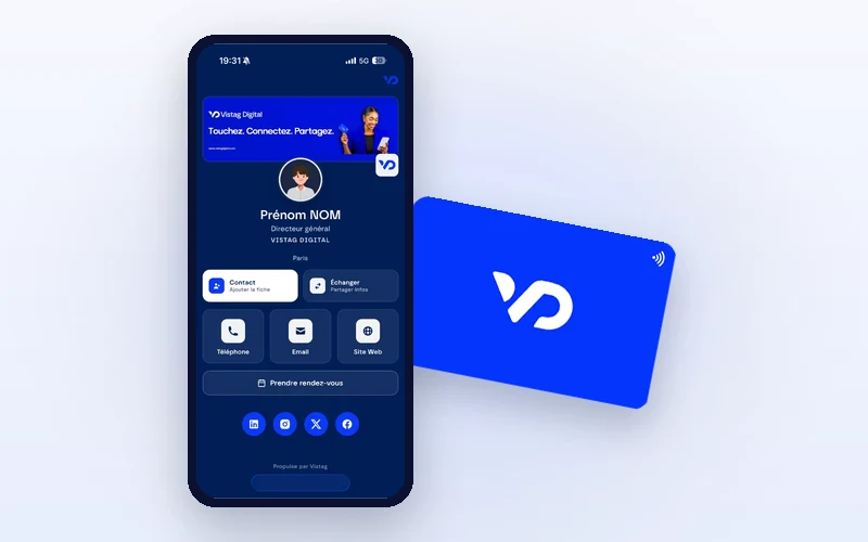 Carte de visite NFC Vistag Digital en PVC bleu